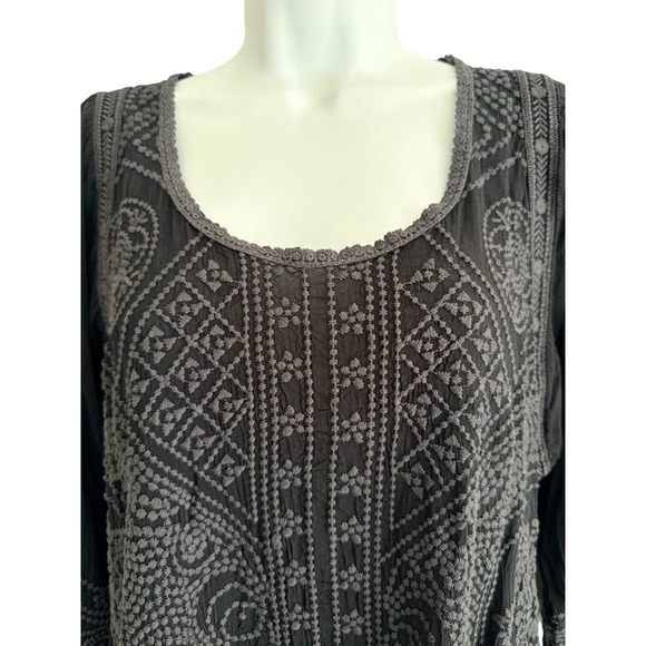 Johnny Was Dress S Black Tonal Sheer Embroidered Tunic Boho Peasant Lace Hem - Picture 4 of 11
